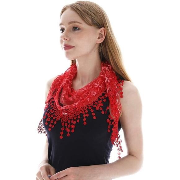 Triangle Lace Mantilla Veil Tulle Scarf Red - Picture 6 of 6